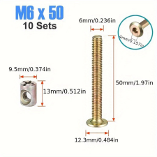 10 db M6 6mm-es bútorcsavar és anyacsavar készlet bútor