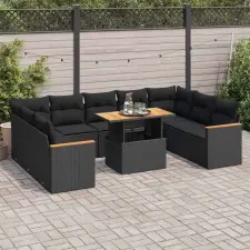  10 részes fekete polyrattan akácfa kerti ülőgarnitúra párnákkal kerti bútor