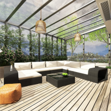  10-részes fekete polyrattan kerti bútorszett párnákkal kerti bútor