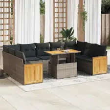  10 részes szürke polyrattan akácfa kerti ülőgarnitúra párnákkal kerti bútor