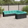 11 db fekete polyrattan kerti kanapégarnitúra párnákkal