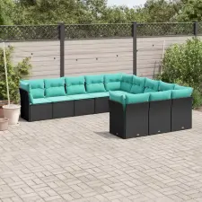  11 db fekete polyrattan kerti kanapégarnitúra párnákkal kerti bútor