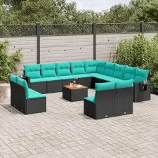  14 db fekete polyrattan kerti kanapégarnitúra párnákkal kerti bútor