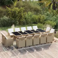  15 részes bézs polyrattan kerti étkezőgarnitúra párnákkal kerti bútor