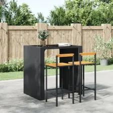  2 db fekete polyrattan és tömör akácfa bárszék bútor