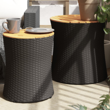 2 db fekete polyrattan kerti kisasztal fa asztallappal kerti bútor