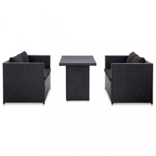  3 részes fekete polyrattan kerti bútorszett párnákkal kerti bútor