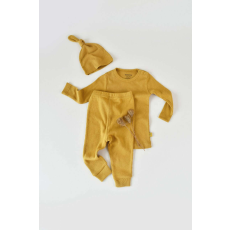  3 részes készlet: blúz hosszú ujjú, hosszú nadrág és sapka organikus és modális pamutból - sáfrány, BabyCosy (méret: 9-12 hónap)