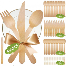 400 darabos eldobható evőeszköz készlet Meishang, fa, natúr, 9-14 cm party kellék