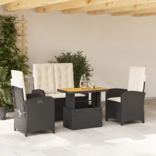  4 részes fekete polyrattan kerti étkezőszett párnákkal kerti bútor