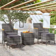  5 részes szürke polyrattan és tömör akácfa kerti bisztrószett kerti bútor