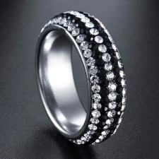  5 soros fekete-színtelen kristályokkal kirakott nemesacél karikagyűrű, több méretben gyűrű