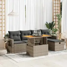  6 részes szürke polyrattan akácfa kerti ülőgarnitúra párnákkal kerti bútor