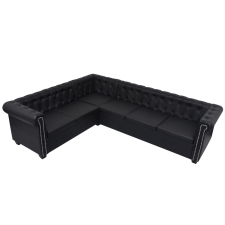  6 személyes fekete műbőr Chesterfield sarok kanapé bútor