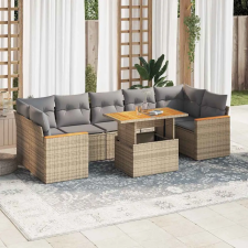  7 részes bézs polyrattan akácfa kerti ülőgarnitúra párnákkal kerti bútor