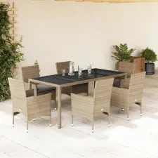  7 részes bézs polyrattan/üveg kerti étkezőgarnitúra párnákkal kerti bútor