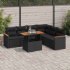  7 részes fekete polyrattan akácfa kerti ülőgarnitúra párnával