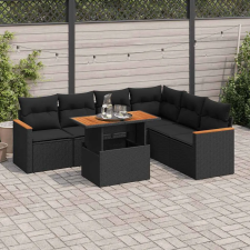  7 részes fekete polyrattan akácfa kerti ülőgarnitúra párnával kerti bútor