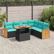  7 részes fekete polyrattan akácfa kerti ülőgarnitúra párnával kerti bútor