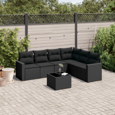  7 részes fekete polyrattan kerti ülőgarnitúra párnával kerti bútor