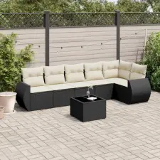  7 részes fekete polyrattan kerti ülőgarnitúra párnával kerti bútor