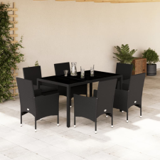  7 részes fekete polyrattan/üveg kerti étkezőgarnitúra párnával kerti bútor