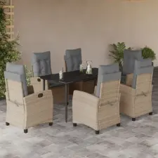  7 részes vegyes bézs polyrattan kerti étkezőgarnitúra párnákkal kerti bútor