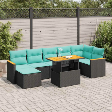  8 részes fekete polyrattan akácfa kerti ülőgarnitúra párnákkal kerti bútor