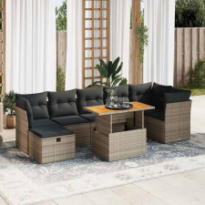 8 részes szürke polyrattan akácfa kerti ülőgarnitúra párnákkal kerti bútor