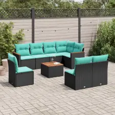  9 db fekete polyrattan kerti kanapégarnitúra párnákkal kerti bútor