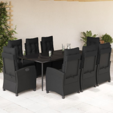  9 részes fekete polyrattan kerti étkezőgarnitúra párnákkal kerti bútor