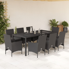9 részes fekete polyrattan/üveg kerti étkezőgarnitúra párnákkal kerti bútor