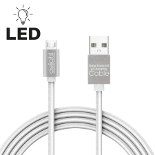  Adatkábel - MicroUSB 1m, LED fénnyel, fehér, szövetborítású kábel és adapter