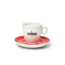 AMIGOS cappuccino csésze fekete logóval és piros csészealjjal bögrék, csészék