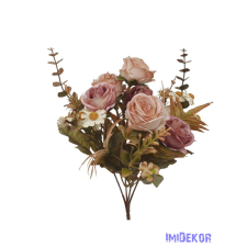  Antik színű rózsa + kis virágos csokor 29cm - Antik Barna dekorációs kellék