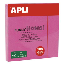 APLI Öntapadó jegyzettömb, 75x75 mm, 100 lap, APLI "Funny", neon rózsaszín post-it