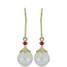  Arannyal Bevont Ezüst Fülbevaló Fehér Édesvízi Tenyésztett Gyönggyel és Madagaszkári Rubinnal, Y59640 fülbevaló