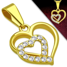  Arany színű, dupla szív alakú nemesacél medál, cirkónia kristállyal medál