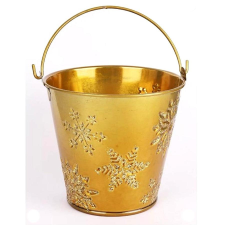  Arany szinű, hópelyhes bádogvödör, magassága: 10,5 cm dekorációs kellék