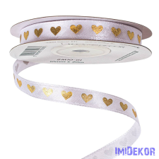  Arany szívecskés szatén szalag 10mm x 20m - Fehér dekorációs kellék