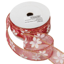 Aranyszélű drótos organza szalag virág mintás mályva 3,8cmx10yard dekorációs kellék