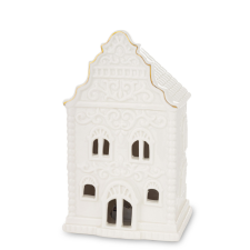 Art-Pol Karácsonyi letisztult aranyszegélyes díszes mécsestartó kerámiaházikó asztali dekoráció 15,5x9x7cm mécsestartó