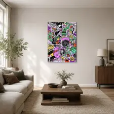  Asztronauta és szörnyek lila háttéren doodle art vászonkép dekoráció