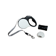  Automata póráz LED lámpával és kutyapiszokzacskó-tartóval – 5 méteres, fekete-fehér nyakörv, póráz, hám kutyáknak