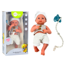 baba fehér-szürke ruhában sapkával és cumival baba