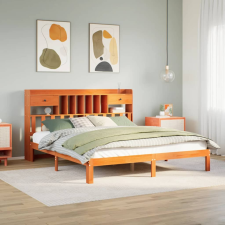  barna tömör fenyőfa könyvespolcos ágy matrac nélkül 180 x 200cm ágy és ágykellék