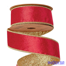  Bársony szalag csillogó hátoldallal, drótos szegéllyel 38mm x 5m - Piros dekorációs kellék