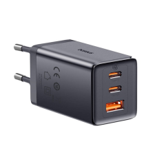 Baseus hálózati töltő USB / 2 Type-C aljzat (65W, GaN5, PD gyorstöltés támogatás + Type-C kábel) SZÜRKE kábel és adapter