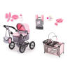 Bayer 2 in 1 Multi Bed + Trendy Set Deluxe 13008AE rózsaszín - szürke játék babakocsi fekvő mózeskosárral, táskával, etető és ápoló szettel, kisággyal, hordozóval, gardróbbal és kiságy forgóval