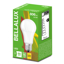  BELLALUX LED körte, matt búra, 8,5 W, 806lm, 2700K, E27-es foglalattal, átlagos élettartam: 9000 óra, fényszín: meleg fehér, LED CLA60 8,5W/827 230VFR E27 10X1 BELLX ( 4058075484917 ) izzó